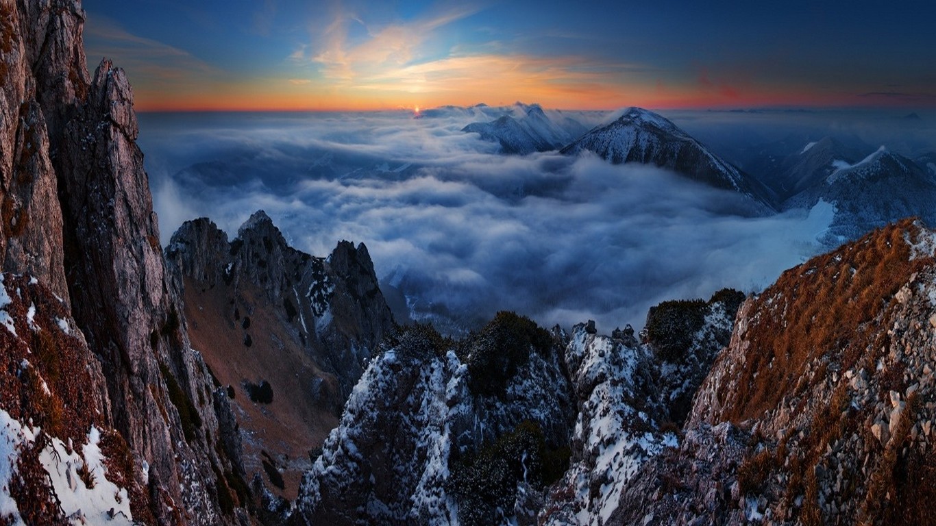 nature, Landscape, Sunset, Mountain, Clouds, Snowy Peak, Summit, Cliff, Horizon Wallpaper