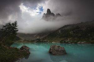 nature, Landscape, Clouds, Mountain, Lake, Trees, Turquoise, Water