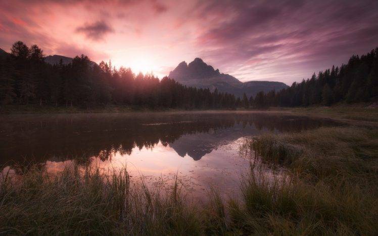 nature, Landscape, Sunrise, Calm, Lake, Forest, Mountain, Reflection, Clouds, Grass HD Wallpaper Desktop Background