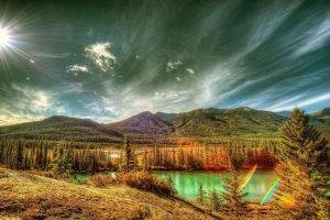 landscape, Nature, Canada, Mountain, Forest, Clouds, River, Sun Rays, Trees, HDR
