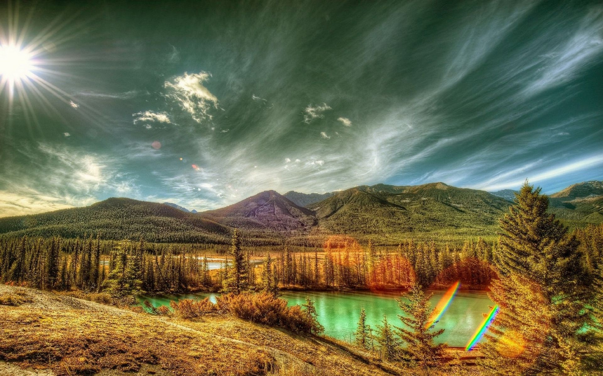 landscape, Nature, Canada, Mountain, Forest, Clouds, River, Sun Rays, Trees, HDR Wallpaper