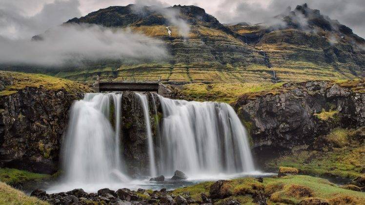 nature, Landscape, Water, Waterfall, Long Exposure, Rock, Iceland, Mountain, Mist, Bridge, Faroe Islands, Moss HD Wallpaper Desktop Background