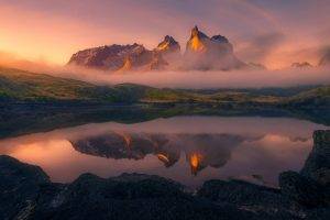 mist, Nature, Landscape, Mountain, Lake, Torres Del Paine, Sunrise, Reflection, Chile, Summer, Water