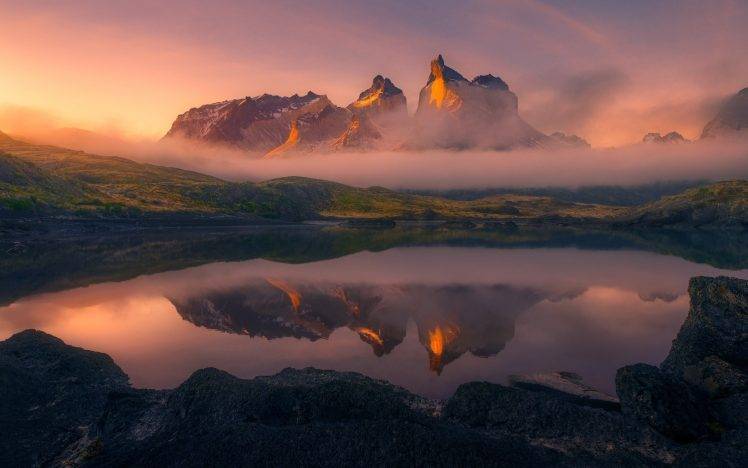 mist, Nature, Landscape, Mountain, Lake, Torres Del Paine, Sunrise, Reflection, Chile, Summer, Water HD Wallpaper Desktop Background