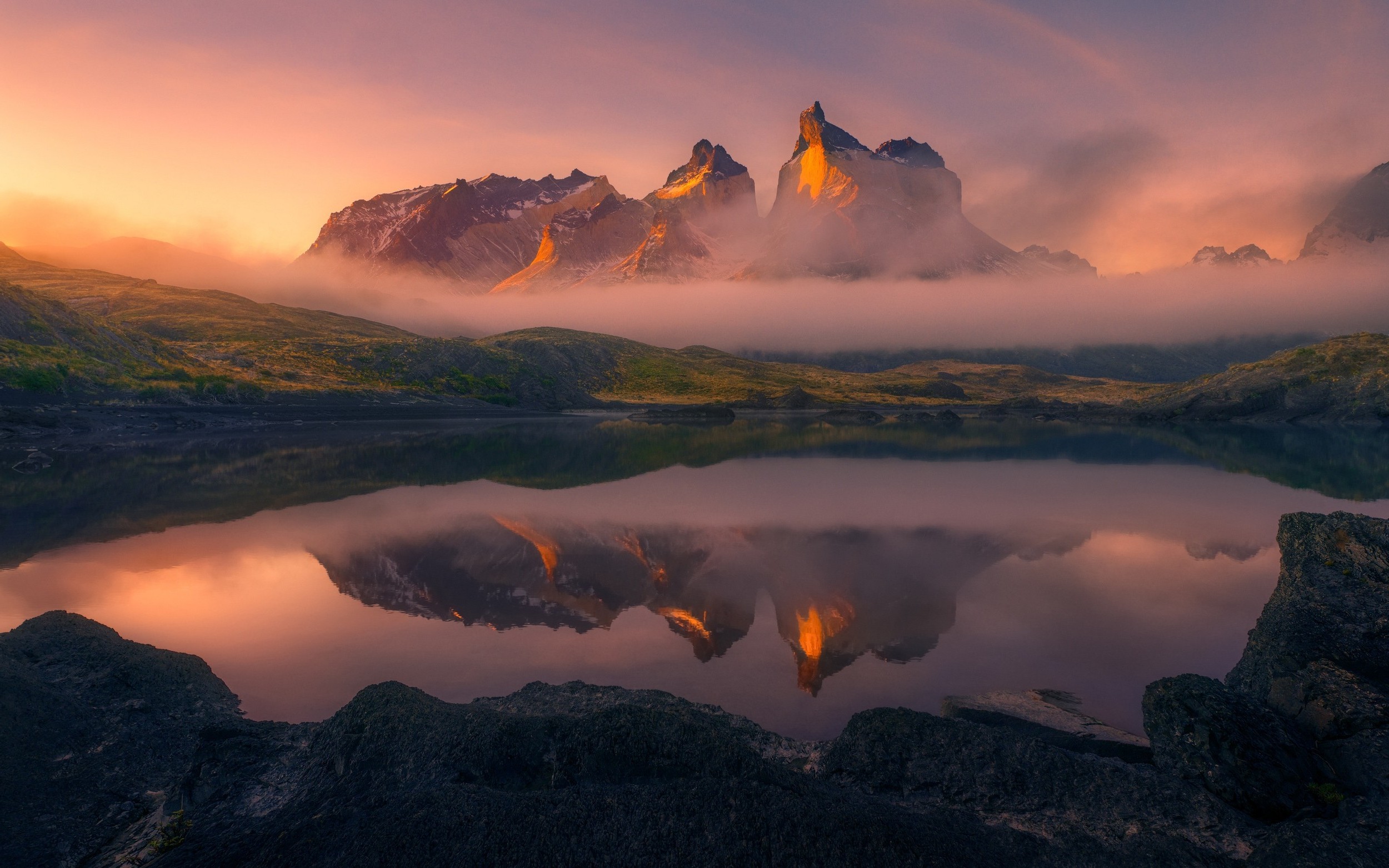 mist, Nature, Landscape, Mountain, Lake, Torres Del Paine, Sunrise, Reflection, Chile, Summer, Water Wallpaper