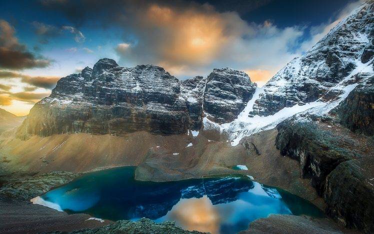 nature, Landscape, Lake, Mountain, Yoho National Park, Snowy Peak, Sunrise, Clouds, Water, Blue, Canada HD Wallpaper Desktop Background