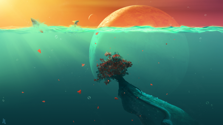 artwork, Whale, Sea, Fish, Bubbles, Planet, Sunset, Sunlight, Animals, Leaves, Underwater, JoeyJazz, Fantasy Art HD Wallpaper Desktop Background