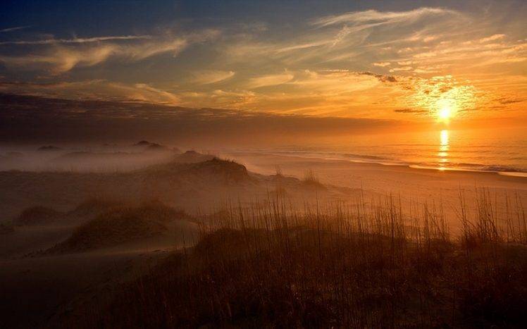 nature, Landscape, Sunset, Clouds, Beach, Mist, Dune, Sand, Sea, Yellow HD Wallpaper Desktop Background
