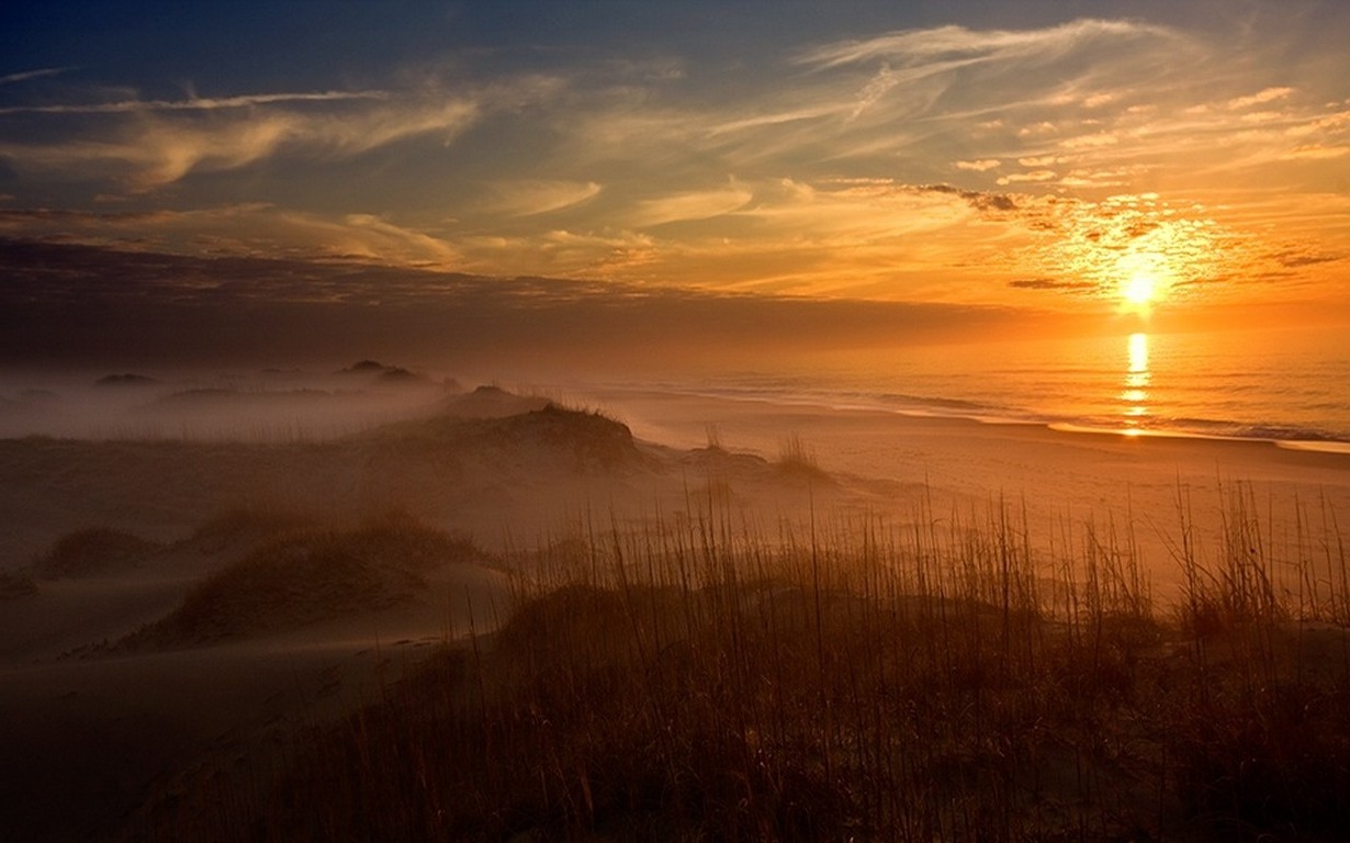 nature, Landscape, Sunset, Clouds, Beach, Mist, Dune, Sand, Sea, Yellow Wallpaper