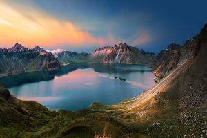 nature, Landscape, Mountain, Lake, Sunrise, Clouds, Snowy Peak, Water, Calm, China