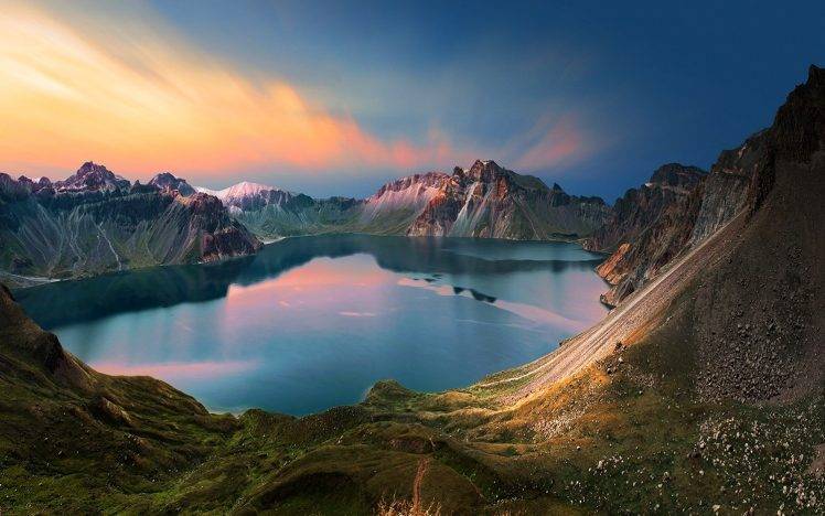nature, Landscape, Mountain, Lake, Sunrise, Clouds, Snowy Peak, Water, Calm, China HD Wallpaper Desktop Background