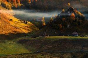 nature, Landscape, Hill, Forest, Fall, Sunrise, Mist, Villages, Fence