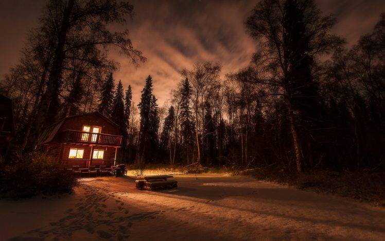 nature, Landscape, Snow, Winter, Cottage, Forest, Night, Lights HD Wallpaper Desktop Background