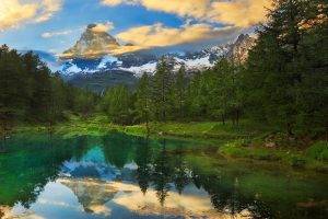 nature, Landscape, Summer, Matterhorn, Forest, Lake, Reflection, Sunset, Turquoise, Clouds, Snowy Peak, Green, Water