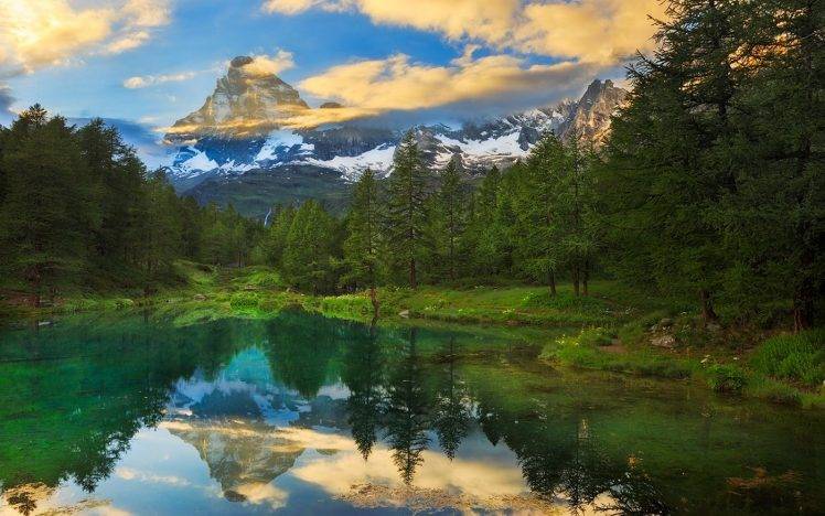 nature, Landscape, Summer, Matterhorn, Forest, Lake, Reflection, Sunset, Turquoise, Clouds, Snowy Peak, Green, Water HD Wallpaper Desktop Background