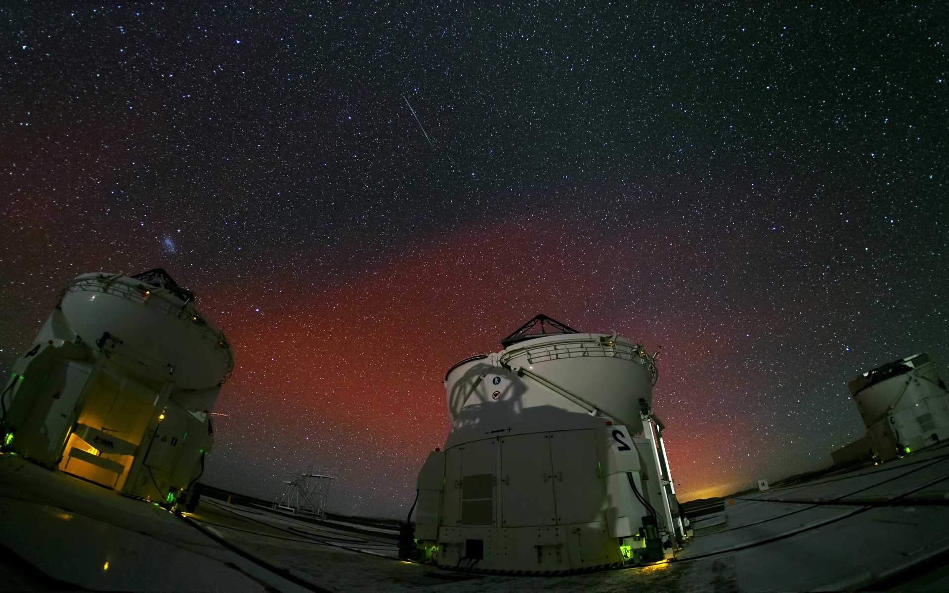 landscape, ALMA Observatory, Atacama Desert, Chile, Starry Night, Shooting Stars, Long Exposure, Space, Technology Wallpaper