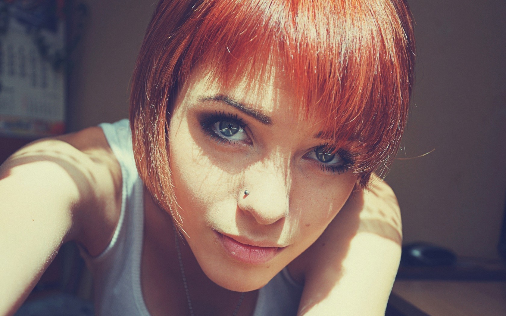 women, Redhead, Face, Piercing, Closeup, White Tops Wallpaper