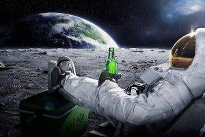 moon, Space, Astronaut, Earth, Beer