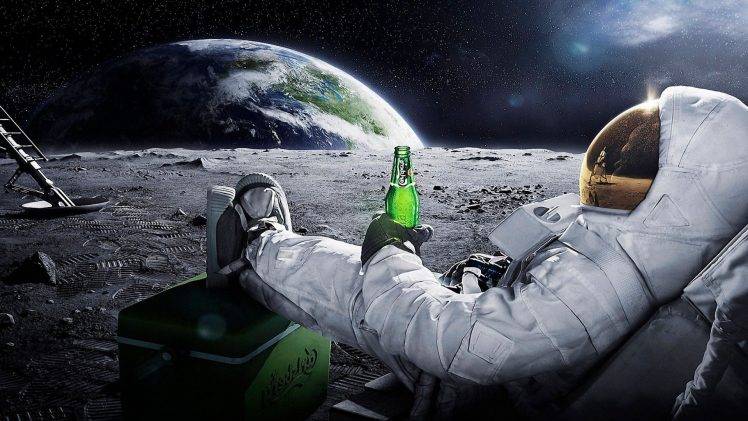moon, Space, Astronaut, Earth, Beer HD Wallpaper Desktop Background