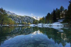 nature, Landscape, Lake, Snow, Forest, Mountain, Reflection, Alps, Snowy Peak, Trees, Water, Calm