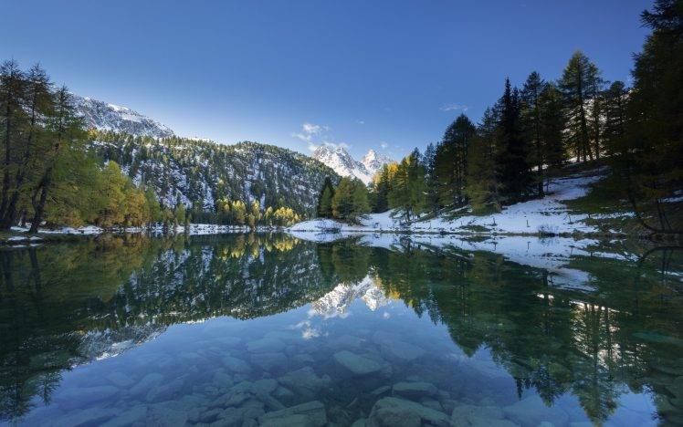 nature, Landscape, Lake, Snow, Forest, Mountain, Reflection, Alps, Snowy Peak, Trees, Water, Calm HD Wallpaper Desktop Background