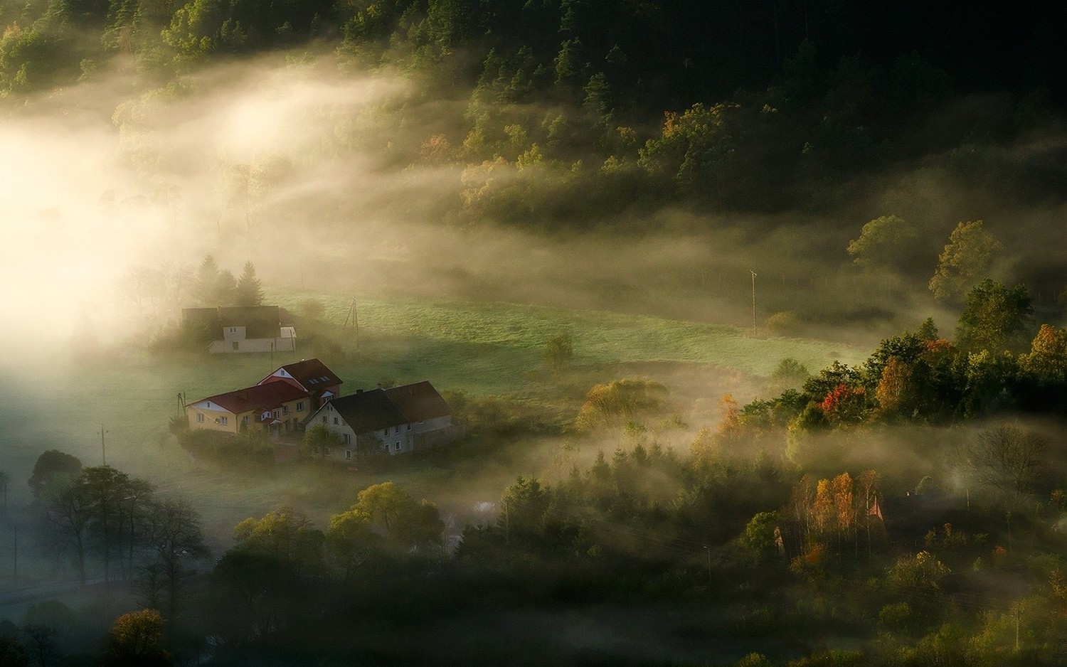 nature, Landscape, Village, Sunrise, Mist, Morning, Trees, Hill Wallpaper