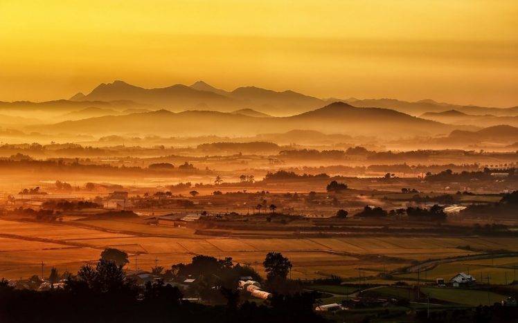 nature, Landscape, Gold, Sunrise, Mist, Mountain, Villages, Morning, Field HD Wallpaper Desktop Background