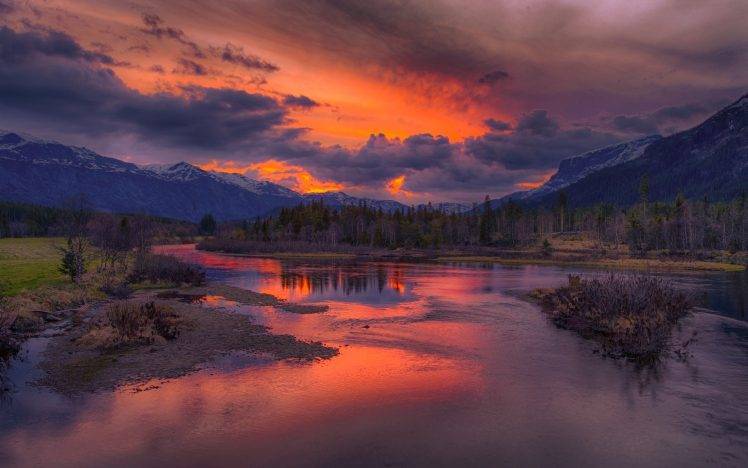 nature, Landscape, Sunrise, River, Mountain, Clouds, Snowy Peak, Forest HD Wallpaper Desktop Background