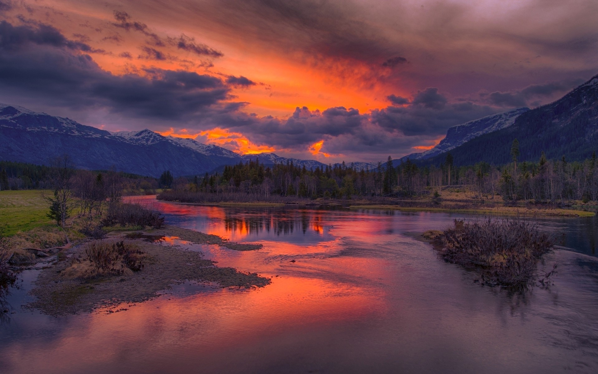 nature, Landscape, Sunrise, River, Mountain, Clouds, Snowy Peak, Forest Wallpapers HD / Desktop 