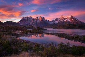 nature, Landscape, Mountain, Lake, Sunrise, Shrubs, Snowy Peak, Clouds, Torres Del Paine, Chile, Patagonia