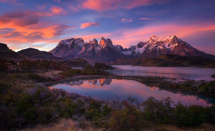 nature, Landscape, Mountain, Lake, Sunrise, Shrubs, Snowy Peak, Clouds, Torres Del Paine, Chile, Patagonia HD Wallpaper Desktop Background