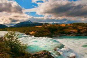 nature, Landscape, River, Mountain, Clouds, Shrubs, Patagonia, Chile, Rapids, Snowy Peak