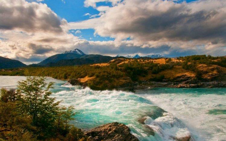 nature, Landscape, River, Mountain, Clouds, Shrubs, Patagonia, Chile, Rapids, Snowy Peak HD Wallpaper Desktop Background