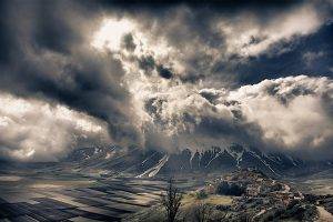 nature, Landscape, Italy, Mountain, Field, Villages, Clouds, Snowy Peak, Valley, Alps