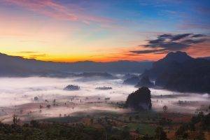 nature, Landscape, Trees, Sunrise, Mist, Valley, Mountain, Clouds, Field