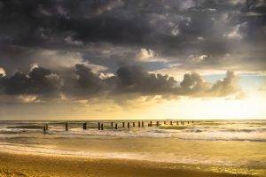 nature, Landscape, Clouds, Old, Dock, Beach, Sea, Waves, Sand, Sunset