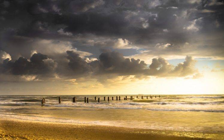 nature, Landscape, Clouds, Old, Dock, Beach, Sea, Waves, Sand, Sunset HD Wallpaper Desktop Background
