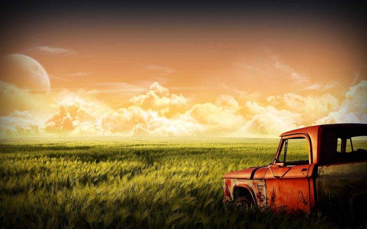 car, Grass, Landscape, Clouds, Moon, Sky, Green, Fantasy Art HD Wallpaper Desktop Background