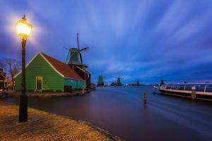 nature, Landscape, Evening, Lights, House, Town, Clouds, Netherlands, Windmills, Street Light, Lamps, Water, Long Exposure, Boat