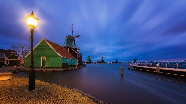 nature, Landscape, Evening, Lights, House, Town, Clouds, Netherlands, Windmills, Street Light, Lamps, Water, Long Exposure, Boat HD Wallpaper Desktop Background