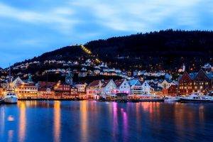 nature, Landscape, Evening, Lights, House, Town, Clouds, Norway, Bergen, Sea, Boat, Yachts, Trees, Forest, Hill, Reflection, Long Exposure