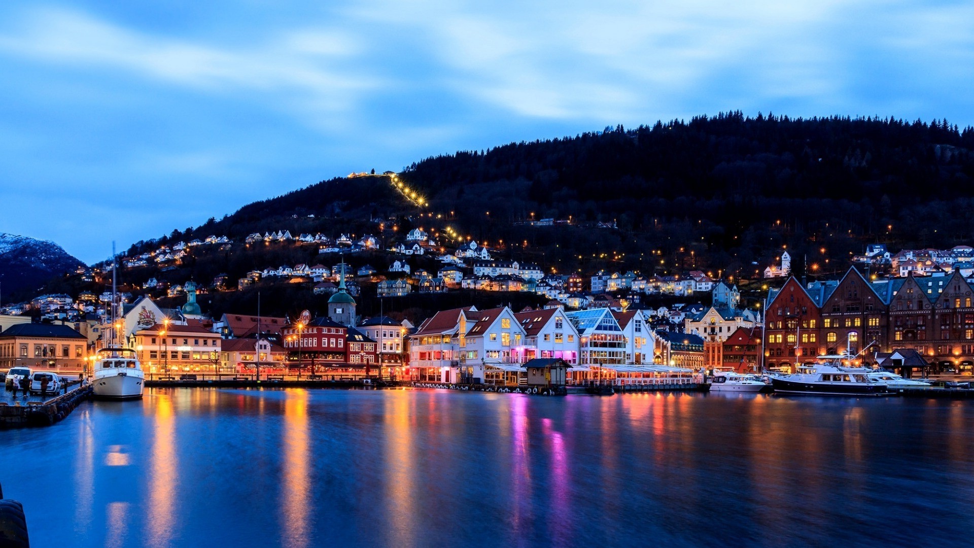 nature, Landscape, Evening, Lights, House, Town, Clouds, Norway, Bergen