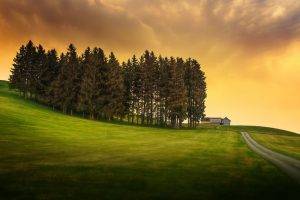 nature, Landscape, Trees, Hill, Clouds, Grass, Field, House, Road, Sunlight, HDR