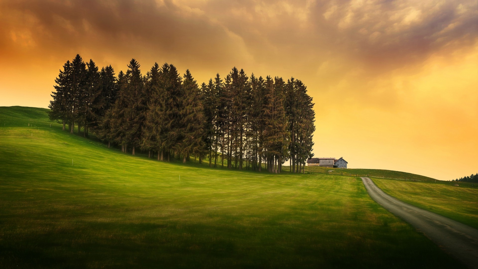 nature, Landscape, Trees, Hill, Clouds, Grass, Field, House, Road, Sunlight, HDR Wallpaper