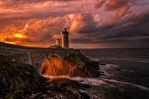 nature, Landscape, Lighthouse, Sunset, Clouds, Sea, Bridge, France, Rock, Coast, Gold