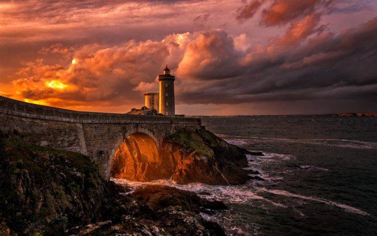 nature, Landscape, Lighthouse, Sunset, Clouds, Sea, Bridge, France, Rock, Coast, Gold HD Wallpaper Desktop Background