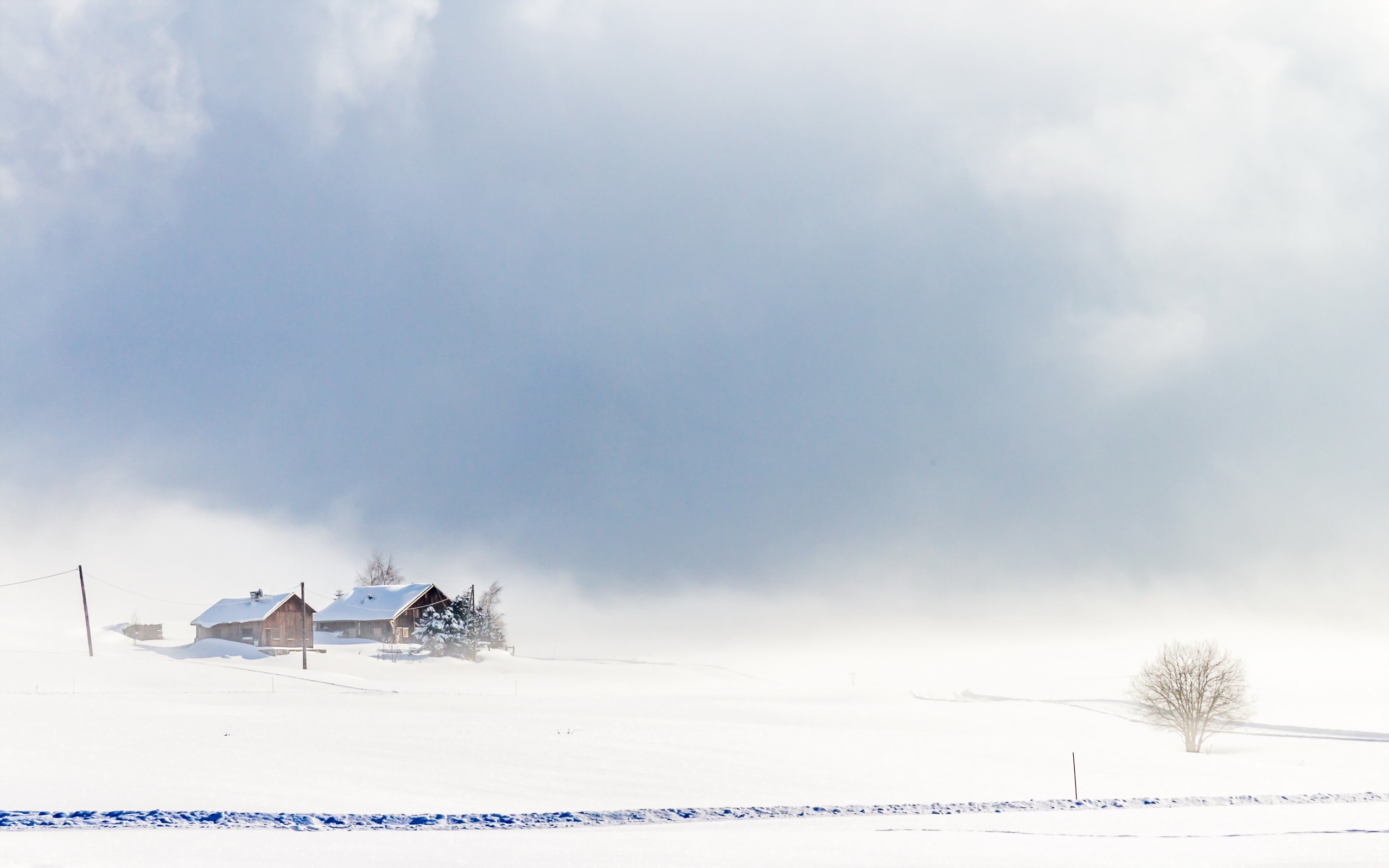 landscape, Snow, Winter, Nature, Bright, Clouds, Cabin Wallpaper