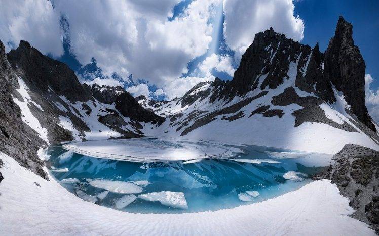 nature, Landscape, Mountain, France, Alps, Lake, Snow, Clouds, Cold, Summit, Snowy Peak, Ice, White, Blue, Winter HD Wallpaper Desktop Background