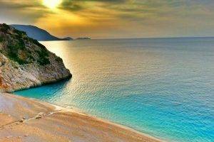 landscape, Nature, Sunset, Turkey, Beach, Sea, Coast, Sand, Rock, Hill, Turquoise, Water, Clouds