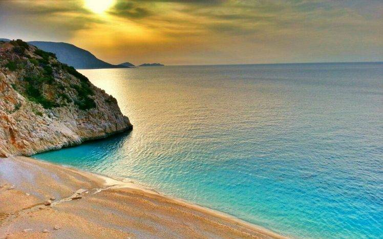 landscape, Nature, Sunset, Turkey, Beach, Sea, Coast, Sand, Rock, Hill, Turquoise, Water, Clouds HD Wallpaper Desktop Background
